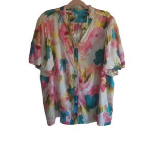 Kaktus Women's Floral Spring Colored Short Sleeve Blouse Size XXL Puff Sleeve
